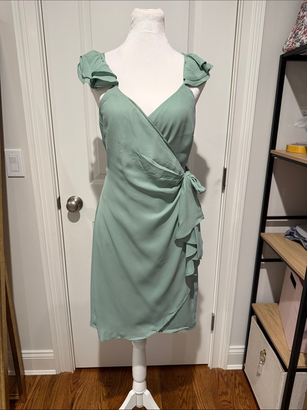 Sage Green Tie-Waist Midi Wrap Dress with Ruffle Shoulders NWT